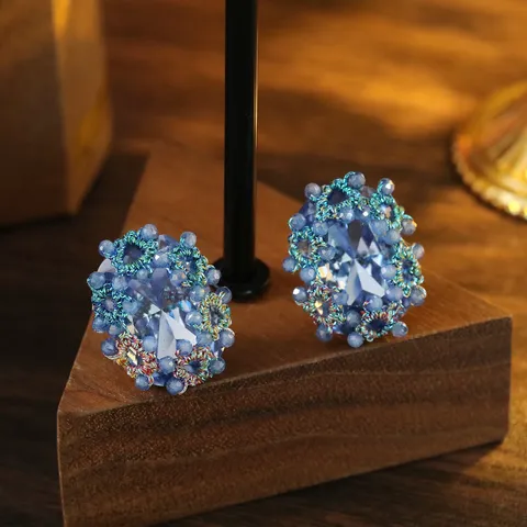 Französische Vintage Meeresblaue Kristall Ohrstecker Für Damen Handgewebte Reisperlen Strass Schmuck Kupfer 925 Silber Stift