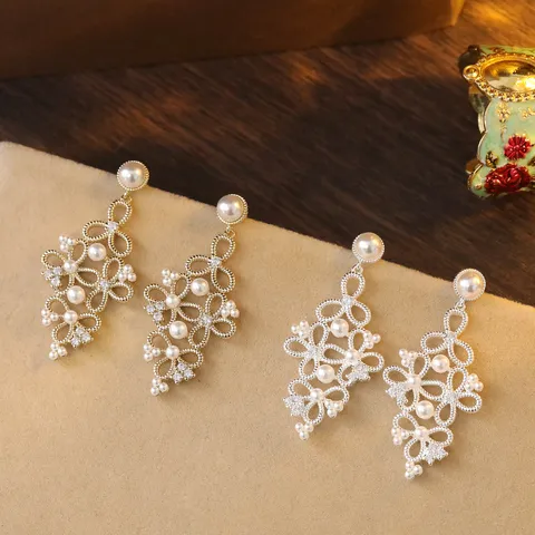 Französische Vintage Hohl Blume Ohrhänger Kupfer Zirkonia Künstliche Perlen Ohrstecker 925 Sterling Silber Stift Für Damen Kaffee Gold Schmuck