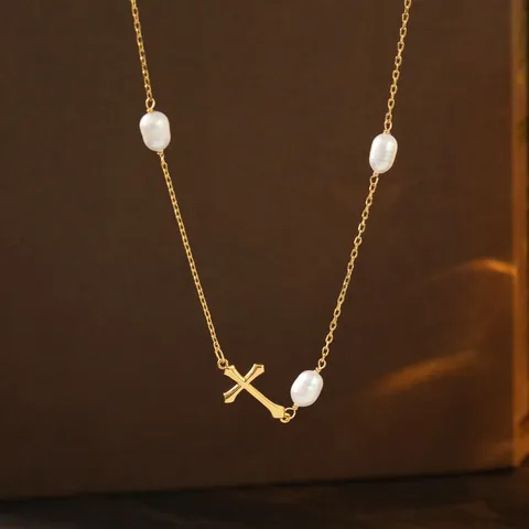 Minimalistische Kupfer 18K Vergoldete Kreuz Anhänger Halskette Mit Süßwasserperle Französische Retro Schlüsselbeinkette Damen