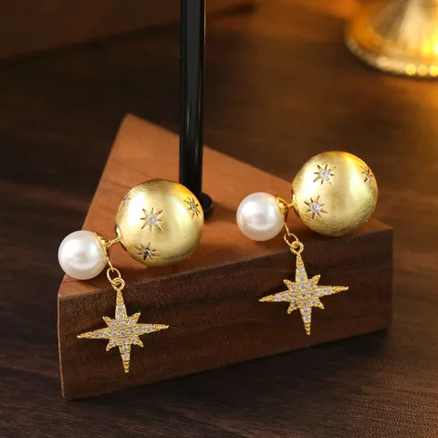 Französische Vintage Stern Künstliche Perlenohrringe Gebürstete Goldkugel Ohrstecker Für Damen Abnehmbarer Luxuriöser Zirkonia Schmuck
