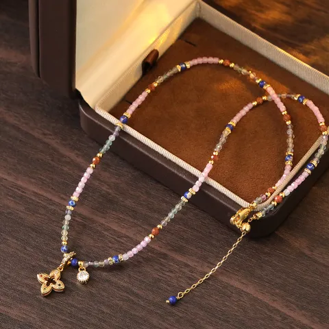 Neuer Chinesischer Stil Retro Vergoldet Persimone Kelch Anhänger Halskette Natur Bunter Stein Perlen Choker Damen Schmuck