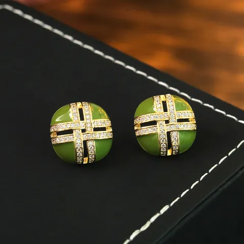 Französische Retro Grüne Emaille Ohrstecker Vergoldet Geometrische Zirkonia Ohrringe Mit 925 Sterlingsilber Ohrstecker-Stift Für Damen