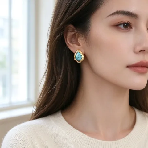 Französische Vintage Wassertropfen Ohrringe Für Damen 925 Sterlingsilber Stift 18K Vergoldet Künstlicher Türkis Schmuck