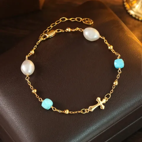 Französischer Vintage Süßwasserperle Türkis Kreuz Armband Für Damen Vergoldet Dünne Kette Verstellbarer Handschmuck Geschenk