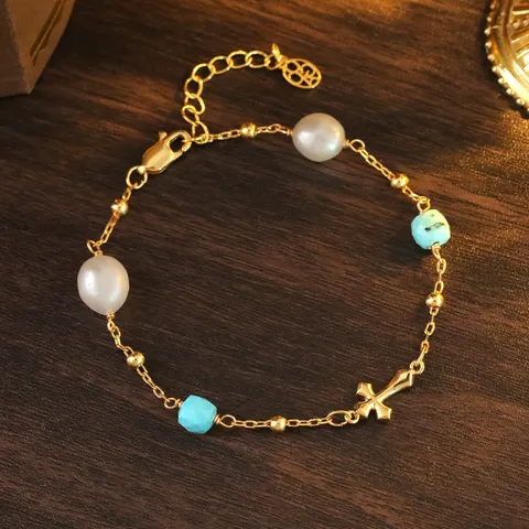 Französischer Vintage Süßwasserperle Türkis Kreuz Armband Für Damen Vergoldet Dünne Kette Verstellbarer Handschmuck Geschenk