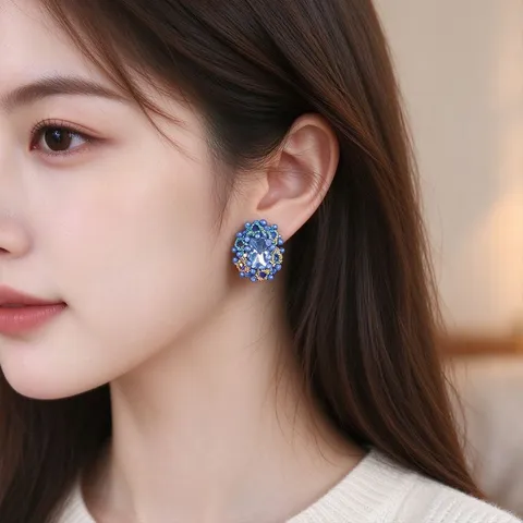 Französische Vintage Meeresblaue Kristall Ohrstecker Für Damen Handgewebte Reisperlen Strass Schmuck Kupfer 925 Silber Stift