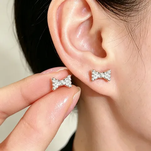 Korean Style Full Rhinestone Bowknot Stud Earrings Minimalist Silver Plated Alloy Bow Jewelry For Women Elegant Niche Ear Accessories