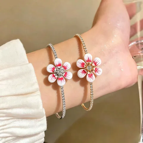 Elegant Flower Open Bangle Bracelet For Women Iron Rhinestone Enamel Adjustable Cuff Bracelet Gentle Floral Jewelry Gift
