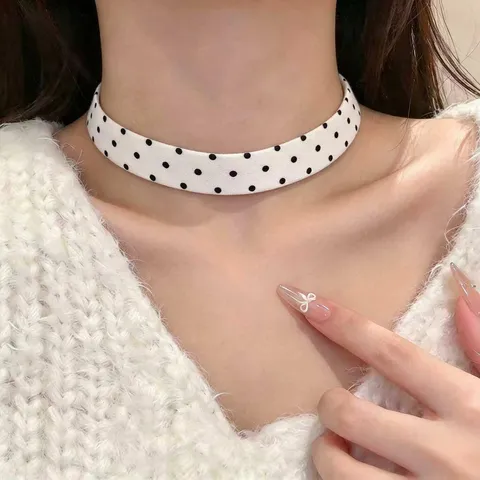 French Vintage Polka Dot Choker Fabric Necklace For Women Sweet Cool Aesthetic Bowknot Lace Ribbon Neck Chain Jewelry Accessory