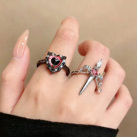 Gothic Zircon Sword Heart Ring Set For Women Dark Punk Sword Dagger Finger Rings Cool Y2K Jewelry Copper Electroplated Rings