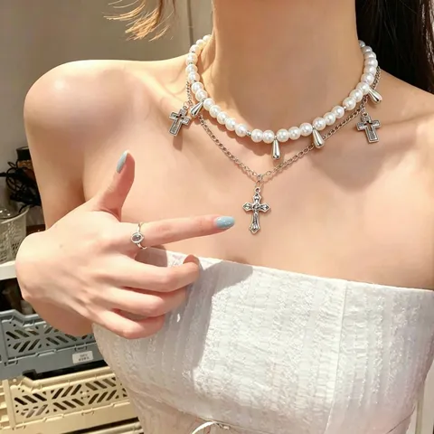 Western Hip Hop Sweet Cool Artificial Pearl Water Drop Cross Layered Choker Necklace Women Vintage Gothic Alloy Jewelry