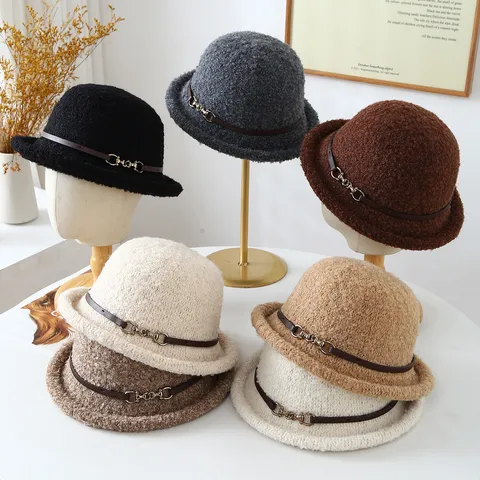 French Luxury Dome Bucket Hat For Women Autumn Winter Warm Plush Cloche Hat With Leather Belt Horsebit Buckle Rolled Edge Fedora Top Hat
