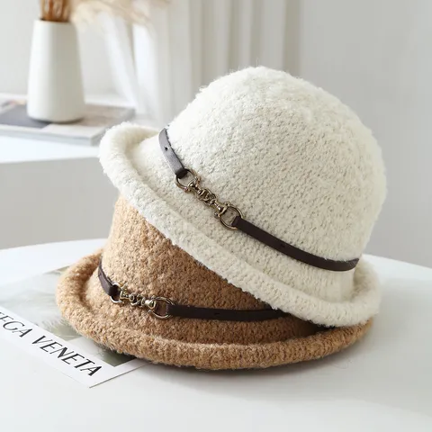 French Luxury Dome Bucket Hat For Women Autumn Winter Warm Plush Cloche Hat With Leather Belt Horsebit Buckle Rolled Edge Fedora Top Hat
