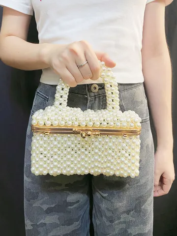 Sac à Main Élégant pour Femme en Perles Artificielles Tissées Rétro Petit Sac Carré avec Fermoir Kiss Lock en Métal Été Fête Soirée Mode