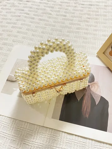 Sac à Main Élégant pour Femme en Perles Artificielles Tissées Rétro Petit Sac Carré avec Fermoir Kiss Lock en Métal Été Fête Soirée Mode