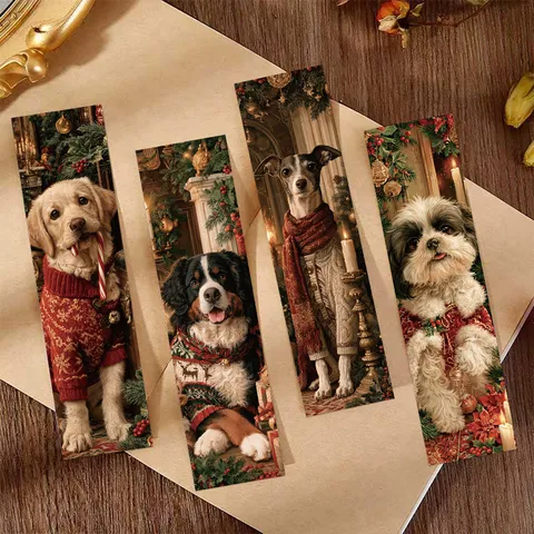 Vintage Christmas Dog Bookmarks Pack Printed Paper Reading Accessories Hand-Painted Puppy Illustration Holiday Gift For Students Book Lovers