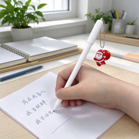 Christmas Cartoon White Gel Pen With Metal Bead Chain Pendants Cute Santa Snowman Pattern Bullet Tip Writing Pen Stationery Gift For Students Office