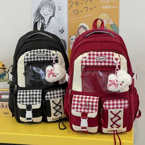 Japanese Style Cartoon Plaid Ita Bag For Girls Large Capacity Lightweight Nylon Student Backpack With Transparent PVC Window