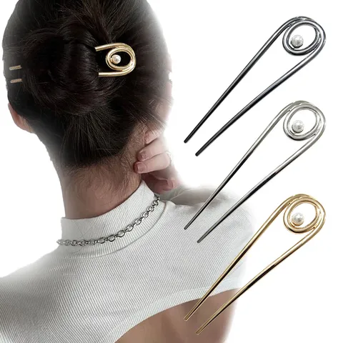 U-Shaped Metal Hair Pin Ginkgo Leaf Spiral Pearl Hair Fork Minimalist Elegant Alloy Updo Hair Sticks For Women Jewelry