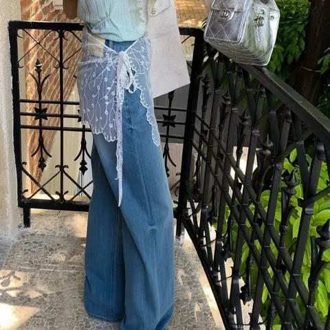 Women's Korean Style One-Piece Creamy White Mesh Floral Printed Layering Skirt For Jeans Layered Wrap Hip Cover Tulle Skirt