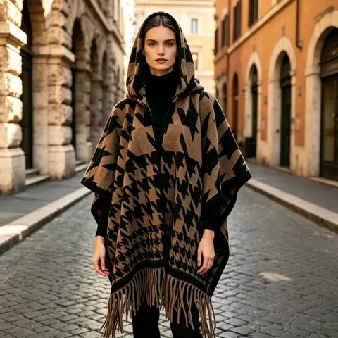 Damen Vintage Hahnentritt Kariert Kapuzen Umhang Poncho Mit Quasten Lässige Mischgewebe Oberbekleidung Warme Schal Wickel Für Herbst Winter