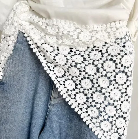 Dames Kant Etnische Driehoekige Sjaal Bedrukt Opengewerkt Bloemen Kwastje Bandana Retro Gelaagde Rok Cover Taille Wrap