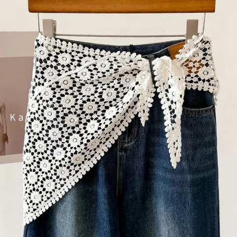 Dames Kant Etnische Driehoekige Sjaal Bedrukt Opengewerkt Bloemen Kwastje Bandana Retro Gelaagde Rok Cover Taille Wrap