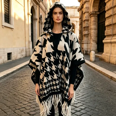 Damen Vintage Hahnentritt Kariert Kapuzen Umhang Poncho Mit Quasten Lässige Mischgewebe Oberbekleidung Warme Schal Wickel Für Herbst Winter