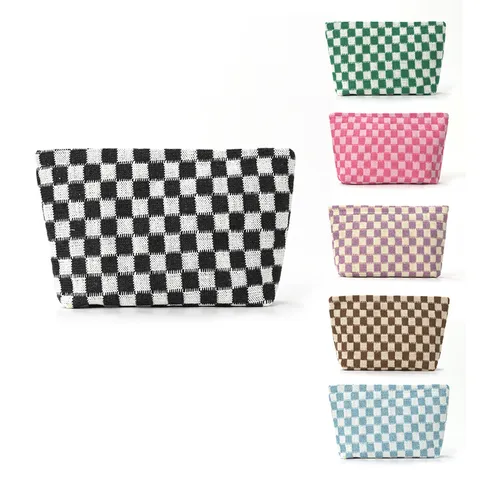 Damen Schachbrettmuster Gestrickte Make-up Tasche Große Kapazität Reise Kosmetik Aufbewahrungstasche Tragbarer Toilettenartikel Organisator
