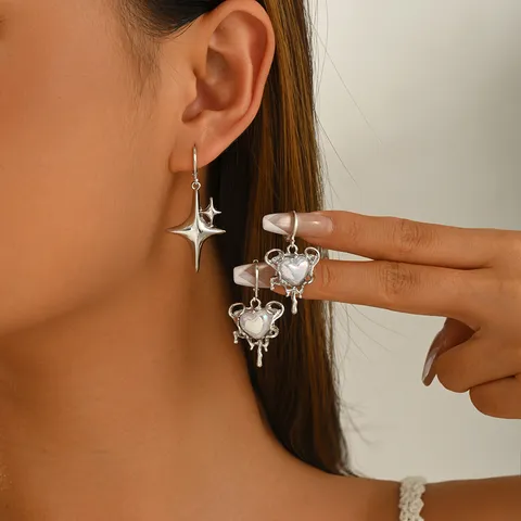 Set di Orecchini a Pendente in Lega a Forma di Stella e Cuore con Perla Artificiale per Donna Orecchini in Acciaio Inossidabile Argento