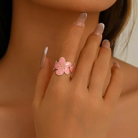 Anello Aperto Fiore di Ciliegio Design di Nicchia per Donna Ragazza Rosa Bianco Smalto Fiore Regolabile Placcato Oro Argento Anello Gioielli Regalo