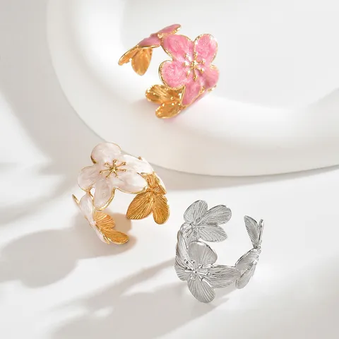 Anello Aperto Fiore di Ciliegio Design di Nicchia per Donna Ragazza Rosa Bianco Smalto Fiore Regolabile Placcato Oro Argento Anello Gioielli Regalo
