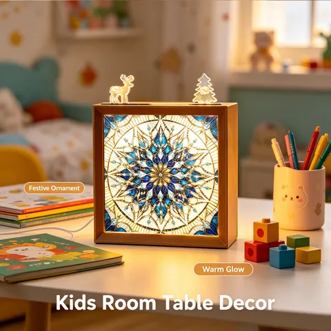 Luce Notturna Puzzle Legno LED Natale Mandala Vetro Colorato Acrilico Renna Fiocco di Neve Ornamento da Tavolo Decoro