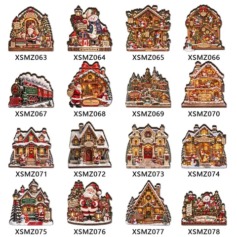 Christmas Wooden LED Glowing Ornament Santa Snowman Train House Scene Tabletop Decoration Battery Operated Warm Light