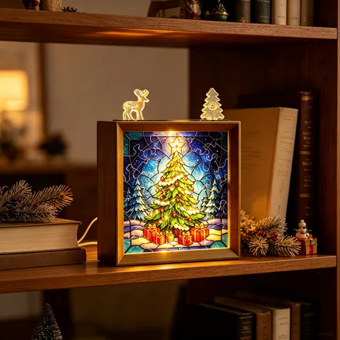 Ornamento Rompicapo in Legno Luminoso di Natale Con Luce LED Stile Vetrata Acrilico Luce Notturna da Tavolo Albero di Natale Renna Decorazione per Camera dei Bambini Casa Ufficio Regalo