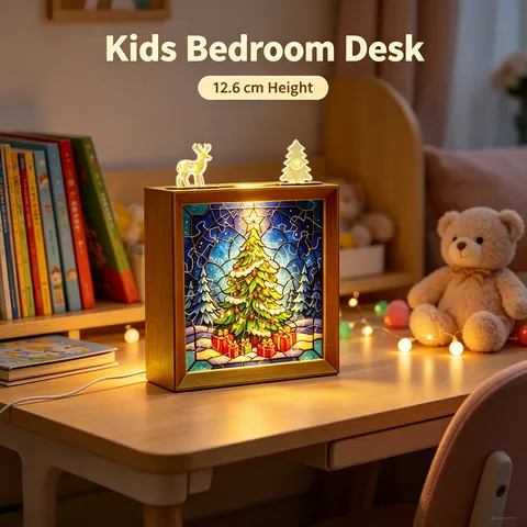 Ornamento Rompicapo in Legno Luminoso di Natale Con Luce LED Stile Vetrata Acrilico Luce Notturna da Tavolo Albero di Natale Renna Decorazione per Camera dei Bambini Casa Ufficio Regalo