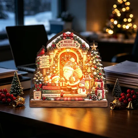 Christmas Wooden LED Glowing Ornament Santa Snowman Train House Scene Tabletop Decoration Battery Operated Warm Light