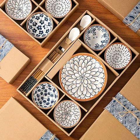 Collection de Vaisselle en Céramique Style Japonais sous Glaçure Porcelaine Bols Assiettes Cuillères Baguettes Coffret Cadeau pour Mariage