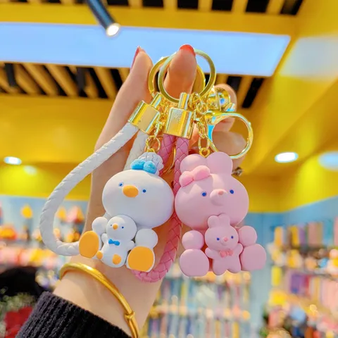 Cute Cartoon Animal Resin Keychain 3D Rabbit Elephant Bear Duck Figurine Bag Charm With Braided Strap Pendant Gift For Women