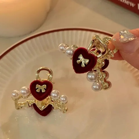 Elegant Alloy Velvet Red Heart Artificial Pearl Hair Clip Mini Hair Claw Bowknot Rhinestone Sweet Hairpin For Women
