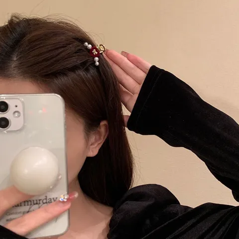 Elegant Alloy Velvet Red Heart Artificial Pearl Hair Clip Mini Hair Claw Bowknot Rhinestone Sweet Hairpin For Women