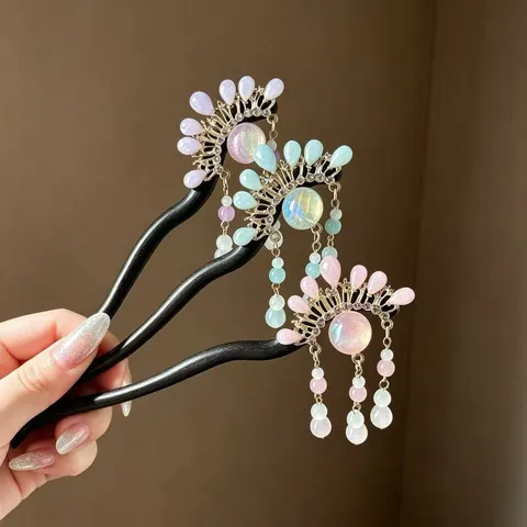 New Chinese Style Peking Opera Mask Wood Hairpin For Women Vintage Tassel Hair Stick Rhinestone Hair Accessory For Cheongsam Jewelry