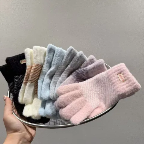 Damen Strickhandschuhe Faux Nerz Fleece Warme Winterhandschuhe Touchscreen Design Diagonalstreifen Outdoor Handschutz Zubehör
