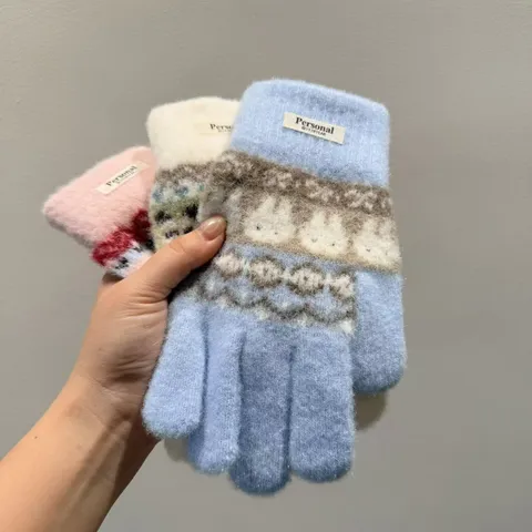 Damen Süße Tier Jacquard Strickhandschuhe Winter Warm Polyester Acrylmischung Thermofäustlinge Mit Hasen Fuchs Muster