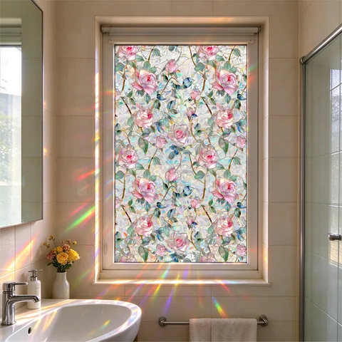Βίντατζ Στυλ Cloisonne PVC PET Στατική Μεμβράνη Παραθύρων Βιτρό Διακοσμητική Μεμβράνη Ιδιωτικότητας Ανθικό Μοτίβο Έλεγχος Θερμότητας Αυτοκόλλητο Γυαλιού Χωρίς Κόλλα Για Διακόσμηση Σπιτιού Και Γραφείου