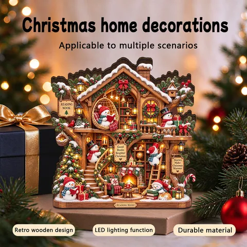 Christmas LED Wooden Ornament Reading Nook Snowman Tabletop Decoration Warm Light Desktop Festive Ornament Holiday Home Gift