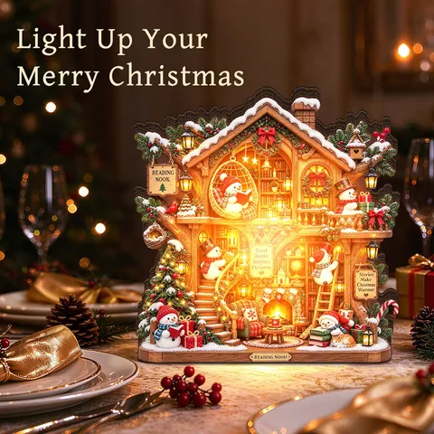 Christmas LED Wooden Ornament Reading Nook Snowman Tabletop Decoration Warm Light Desktop Festive Ornament Holiday Home Gift