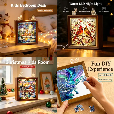 Adorno Rompecabezas de Madera Luminoso de Navidad Luz Nocturna LED Acrílico Mandala Copo de Nieve Aurora Vidriera DIY Decor