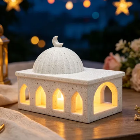 Portavelas LED Miniatura Cúpula de Mezquita Islámica Hueco Estrella Luna Adorno de Escritorio para Ramadán Eid Mubarak Decoración de Hogar Regalo