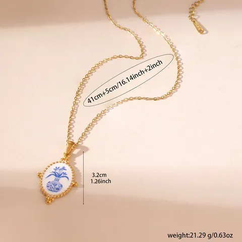New Chinese Style Blue And White Porcelain Stainless Steel 18K Gold Plated Fan Vase Pendant Necklace Vintage Ethnic Jewelry For Women